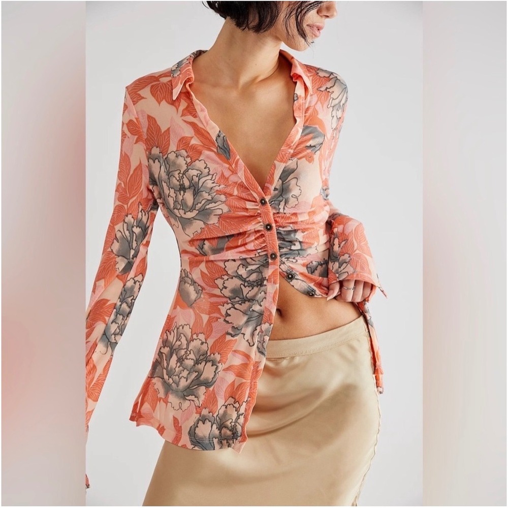 Free People Lucky Shirtee Floral Mesh Ruched Button Front Long Sleeve Top Large